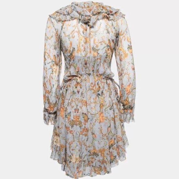 Auth Zimmermann Blue Floral Print Crinkled Chiffon Ruffled Drawstring Dress XS - Picture 3 of 10